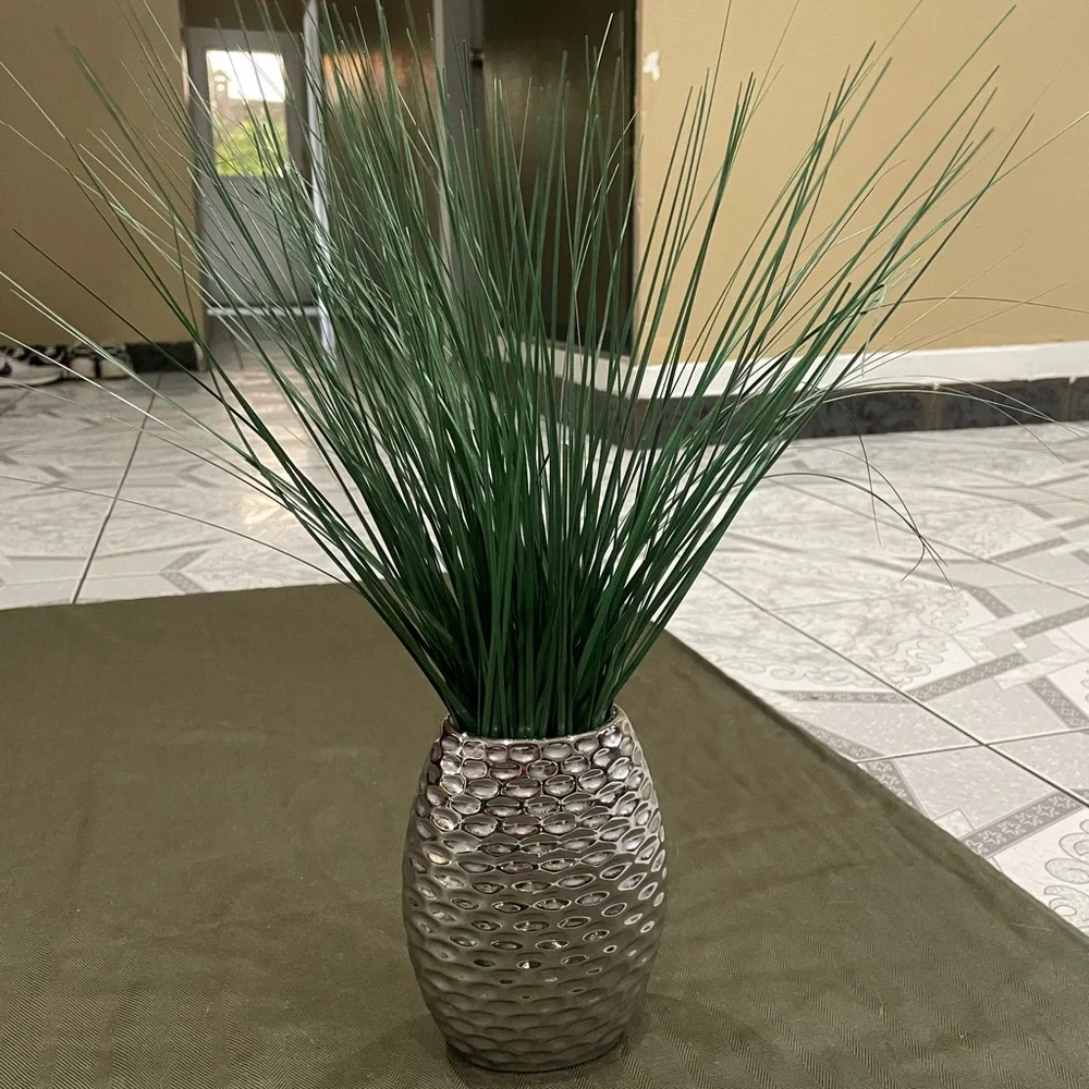 Elegant Silver Vase with Green Artificial Grass